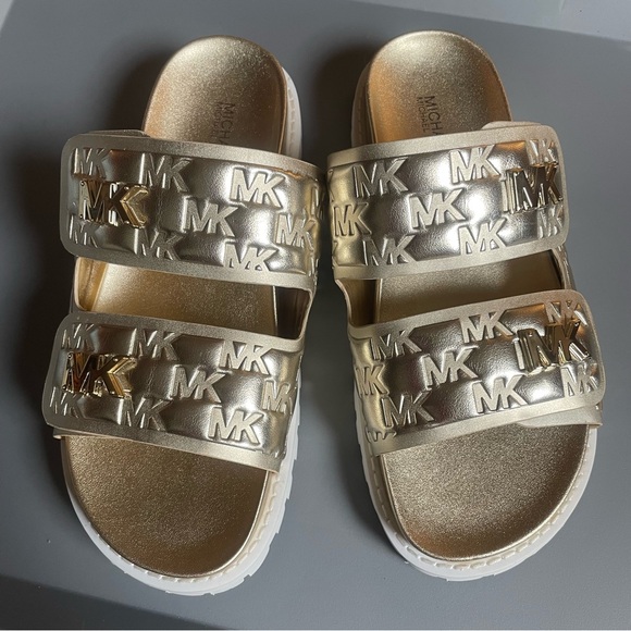 Michael Kors Metallic Gold Slide Sandals EUC - Picture 1 of 6